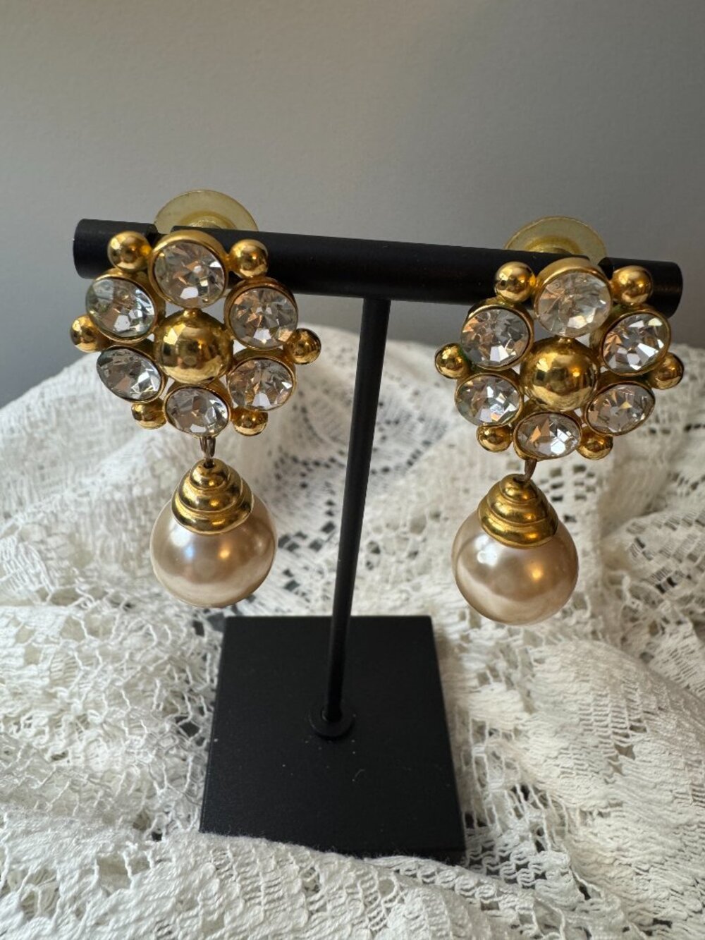 Vintage Gold Crystal Rhinestone Flower Faux Pearl Drop Earrings